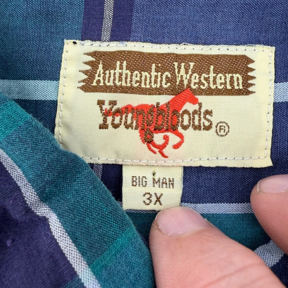Youngbloods Western Shirt Mens 3X Blue Teal Plaid Pearl Snap Long Sleeve 0957